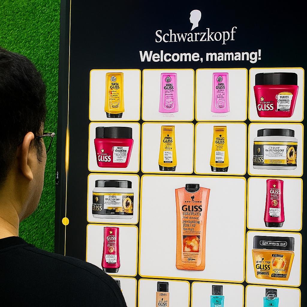 Guest playing Scan & Win interactive game by scanning QR code at a mall activation event in Dubai, with live name display and prize reveal on a big screen.